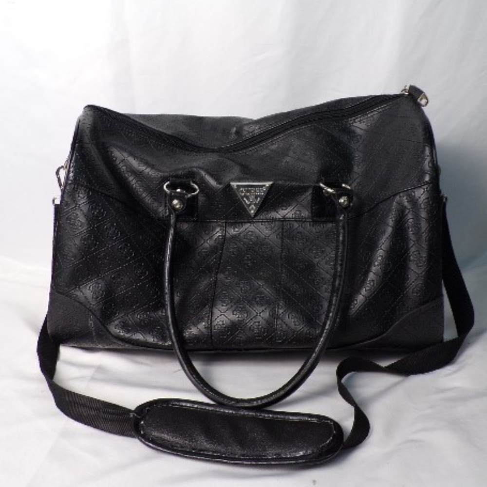 Guess Duffle Travel Bag Satchel Faux Leather Zip Closure 2 Outside Side Pockets